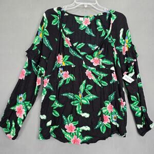 Old Navy Black Floral Swing Shirt NEW Long Sleeves Pullover Blouse Womens Size M